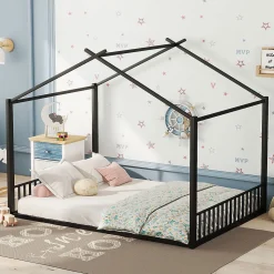 Lit Cabane Enfant 140x200cm Cadre Fer Barre Maison Noir Blackcolors