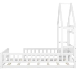 Lit cabane enfants 140 x 200 cm avec rangements et garde-corps avec tables de chevet, blanc