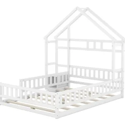 Lit cabane enfants 140 x 200 cm avec rangements et garde-corps avec tables de chevet, blanc