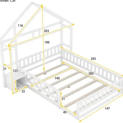 Lit cabane enfants 140 x 200 cm avec rangements et garde-corps avec tables de chevet, blanc