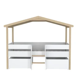 Lit cabane hauteur 90x200cm bois massif POLI naturel blanc inclus sommier et 2 tiroirs
