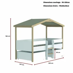 Lit cabane hauteur 90x200cm bois massif POLI naturel blanc inclus sommier et 2 tiroirs