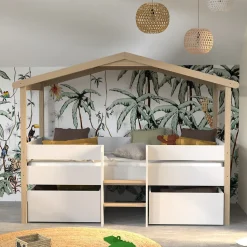 Lit cabane hauteur 90x200cm bois massif POLI naturel blanc inclus sommier et 2 tiroirs