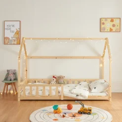 Lit cabane Hesel avec matelas à mousse froid 90 x 200 cm naturel en.casa