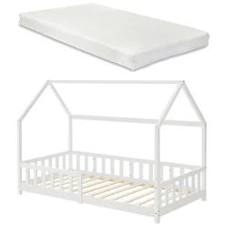 Lit cabane Hesel avec matelas à mousse froid 90 x 200 cm blanc en.casa