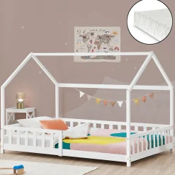 Lit cabane Hesel avec matelas à mousse froid 90 x 200 cm blanc en.casa