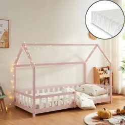 Lit cabane Hesel avec matelas à mousse froid 90 x 200 cm rose en.casa
