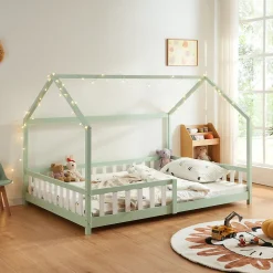 Lit cabane Hesel pour enfants bois de pin 120 x 200 cm vert menthe en.casa