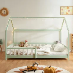 Lit cabane Hesel pour enfants bois de pin 120 x 200 cm vert menthe en.casa