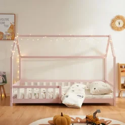 Lit cabane Hesel pour enfants bois de pin 90 x 200 cm rose en.casa