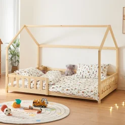 Lit cabane Hesel pour enfants bois de pin 120 x 200 cm naturel en.casa