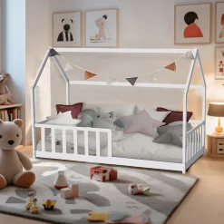 Lit cabane Kiwi 90x190 avec sommier et matelas /Blanc