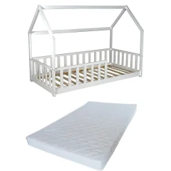 Lit cabane Kiwi 90x190 avec sommier et matelas /Blanc