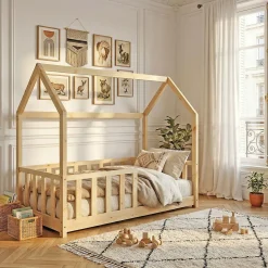 Lit cabane Kiwi 70x140 avec sommier et matelas /Naturel