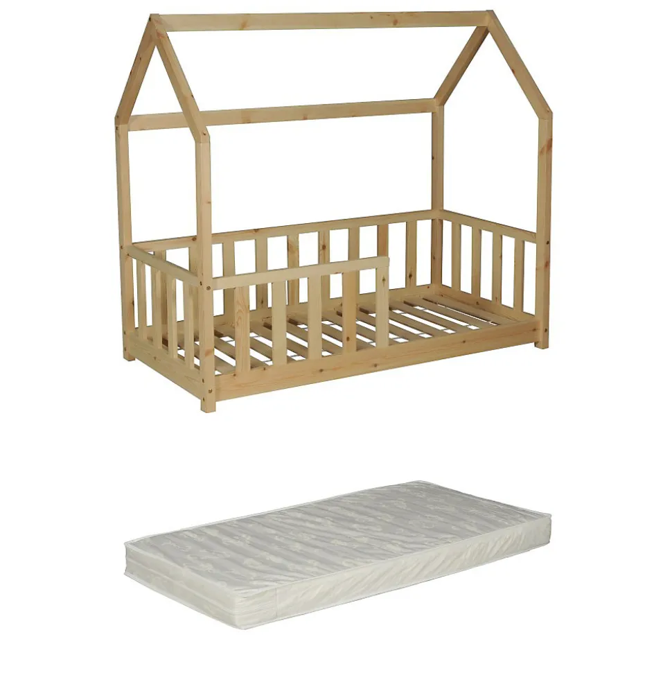Lit cabane Kiwi 70x140 avec sommier et matelas /Naturel