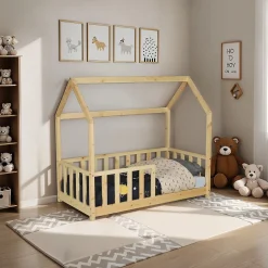 Lit cabane Kiwi 70x140 avec sommier et matelas /Naturel