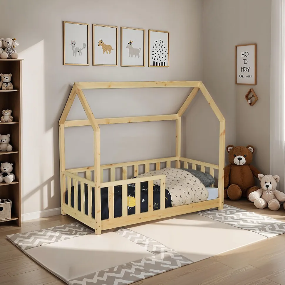 Lit cabane Kiwi 70x140 avec sommier et matelas /Naturel