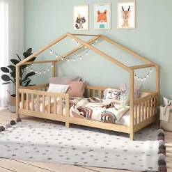 Lit cabane LISAN 90 x 190 cm, en pin massif naturel