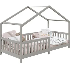 Lit cabane LISAN 90 x 190 cm, en pin massif lasuré gris