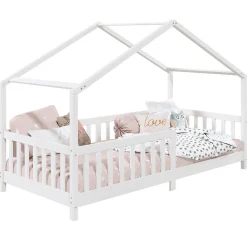 Lit cabane LISAN 90 x 190 cm, en pin massif lasuré blanc