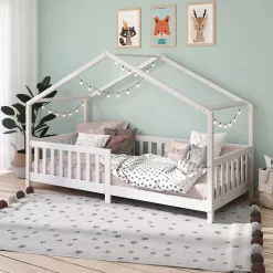 Lit cabane LISAN 90 x 190 cm, en pin massif lasuré blanc