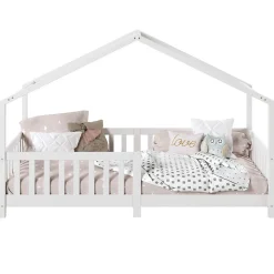 Lit cabane LISAN 90 x 190 cm, en pin massif lasuré blanc