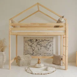 Lit cabane mi-hauteur 90x200 sommier inclus Candice Bois