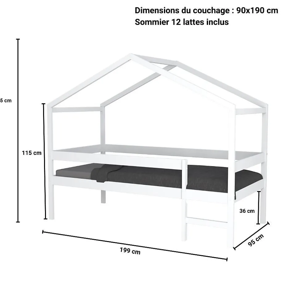 Lit cabane MIKA 90x190 + sommier + matelas IRIS / Blanc