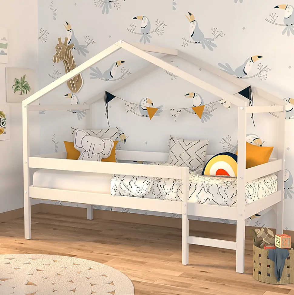 Lit cabane MIKA 90x190 + sommier + matelas IRIS / Blanc