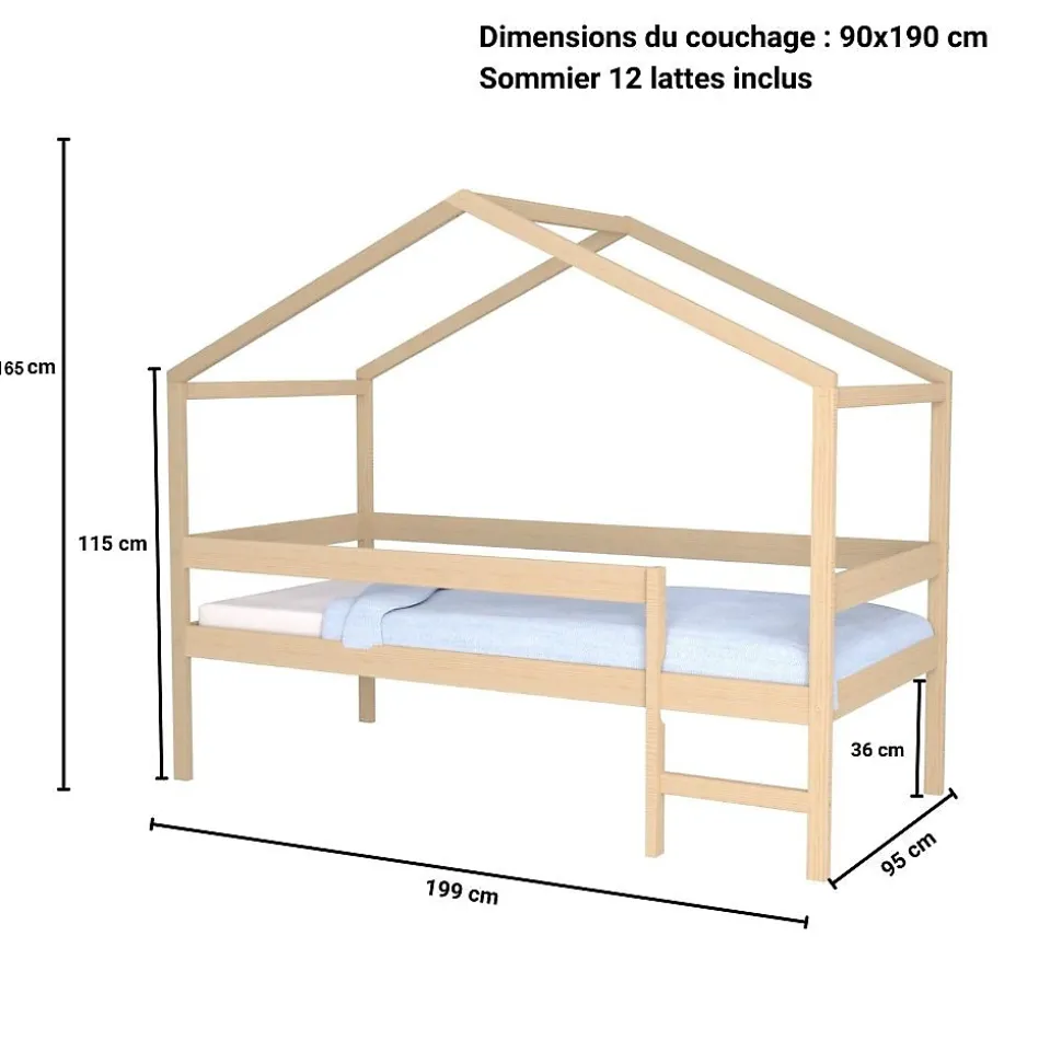 Lit cabane MIKA 90x190 + sommier + matelas IRIS / Naturel