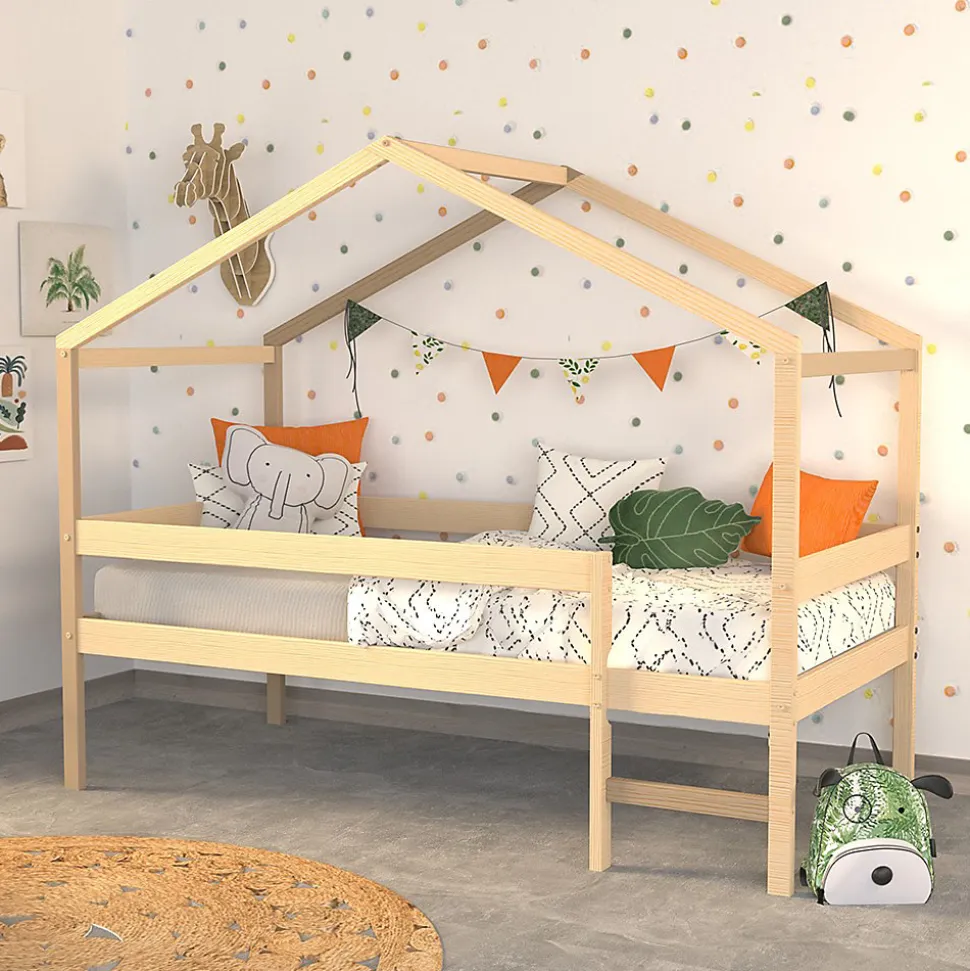 Lit cabane MIKA 90x190 + sommier + matelas IRIS / Naturel