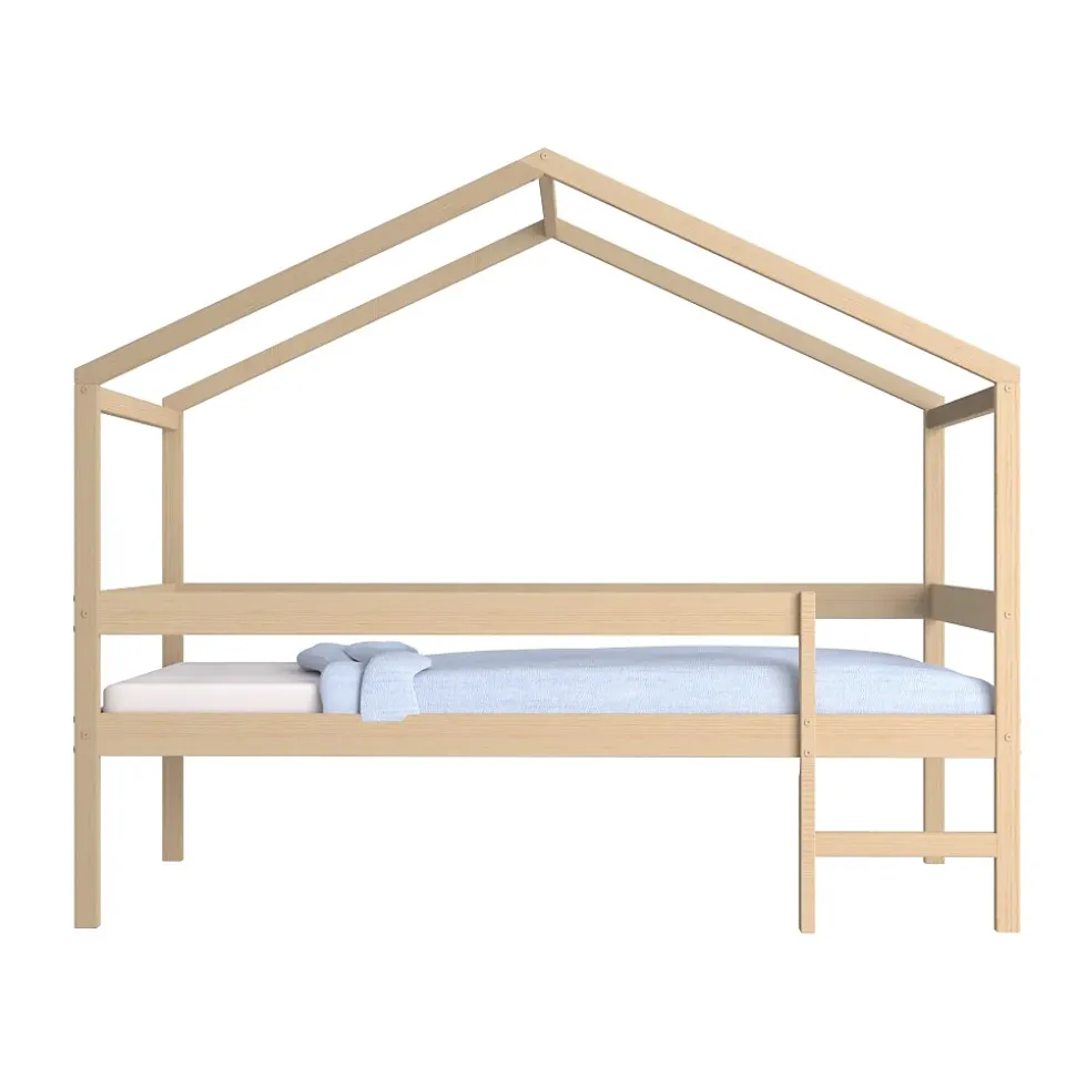 Lit cabane MIKA 90x190 + sommier + matelas IRIS / Naturel
