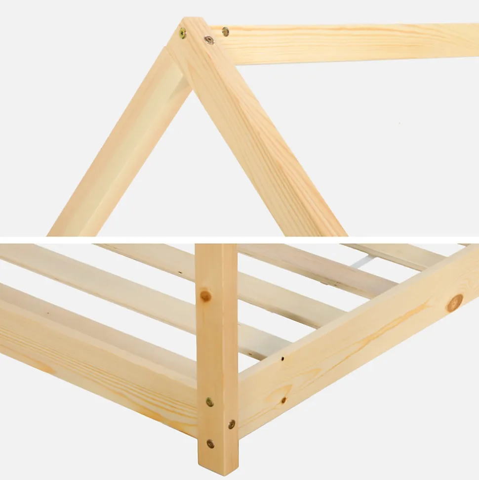 Lit cabane Montessori. bois massif en pin naturel - Tobias - sommier inclus. 90 x 190 cm