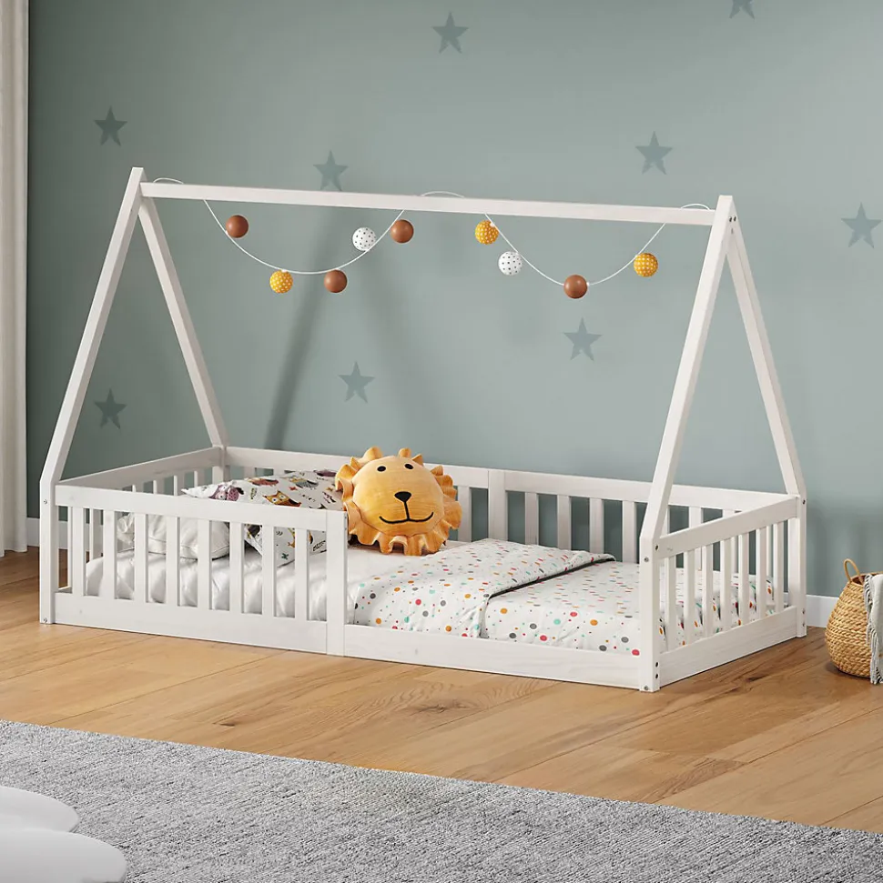 Lit cabane NICOLAS 90 x 190 cm, en pin massif laqué blanc