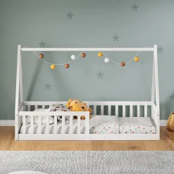 Lit cabane NICOLAS 90 x 190 cm, en pin massif laqué blanc