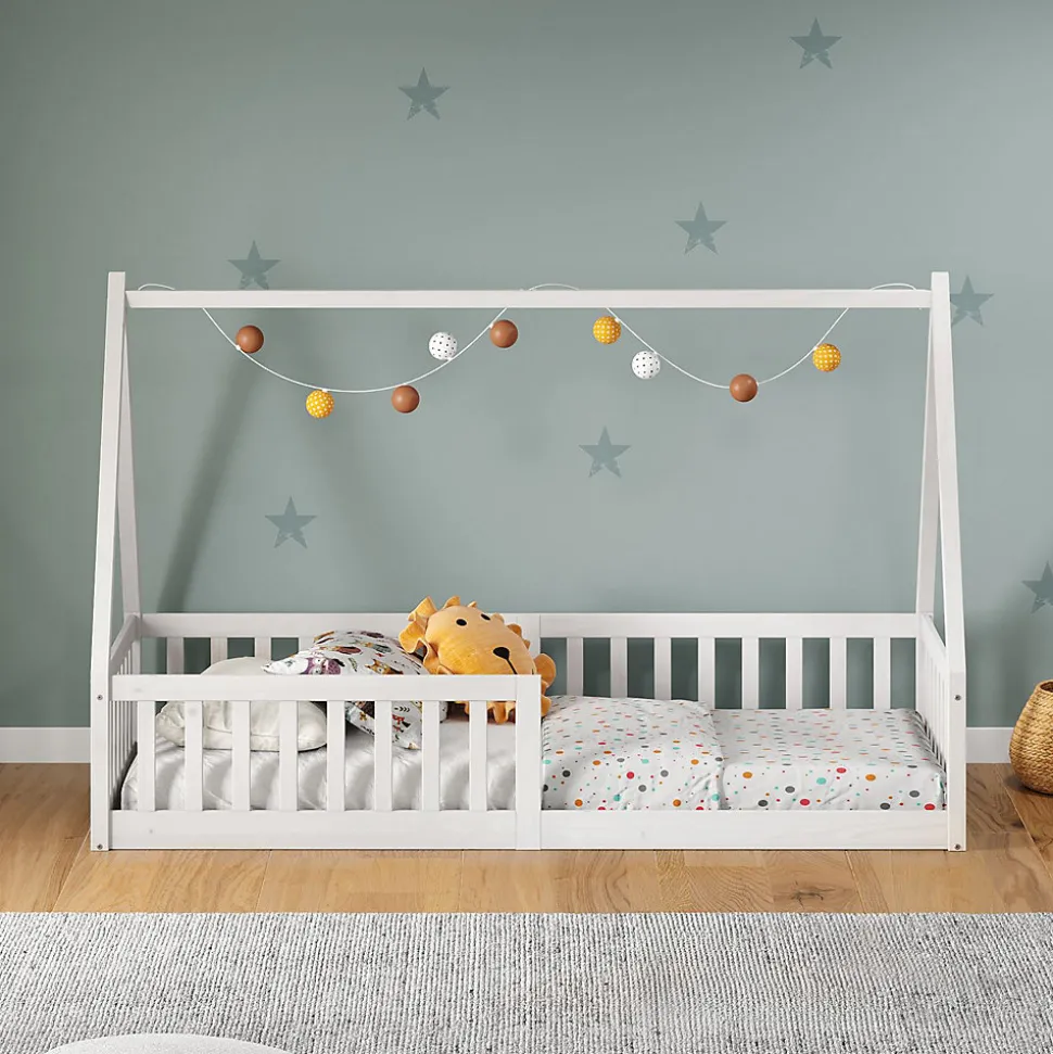 Lit cabane NICOLAS 90 x 190 cm, en pin massif laqué blanc