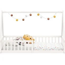 Lit cabane NICOLAS 90 x 190 cm, en pin massif laqué blanc