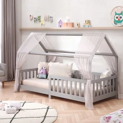 Lit cabane NINA 90 x 190 cm, en pin massif lasuré gris