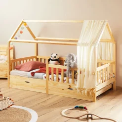 Lit cabane NUNA avec tiroirs, 90 x 200 cm en pin massif finition naturelle