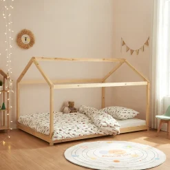 Lit cabane pour enfant Cerro bois de pin contreplaqué 120 x 200 cm naturel en.casa