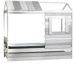 Lit cabane pour enfant en bois coloris blanc, gris - couchage 90 x 190 cm - Longueur 200 x Profondeur 102 x Hauteur 181 cm
