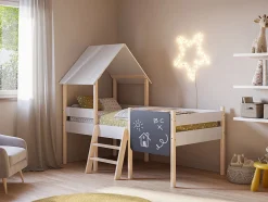 Lit cabane pour enfant en bois coloris blanc, couchage 90 x 190 cm - Longueur 203 x Profondeur 123 x Hauteur 164 cm