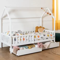 Lit cabane pour enfant 190x90cm blanc avec tiroirs MARCEAU - HAPPY GARDEN