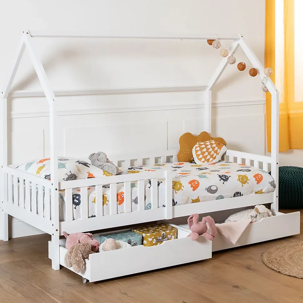 Lit cabane pour enfant 190x90cm blanc avec tiroirs MARCEAU - HAPPY GARDEN