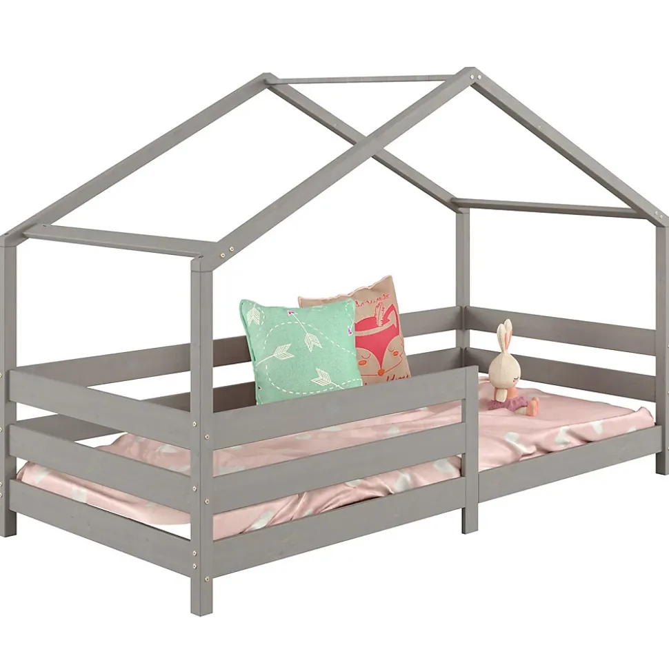 Lit cabane RENA 90 x 200 cm, en pin massif lasuré gris