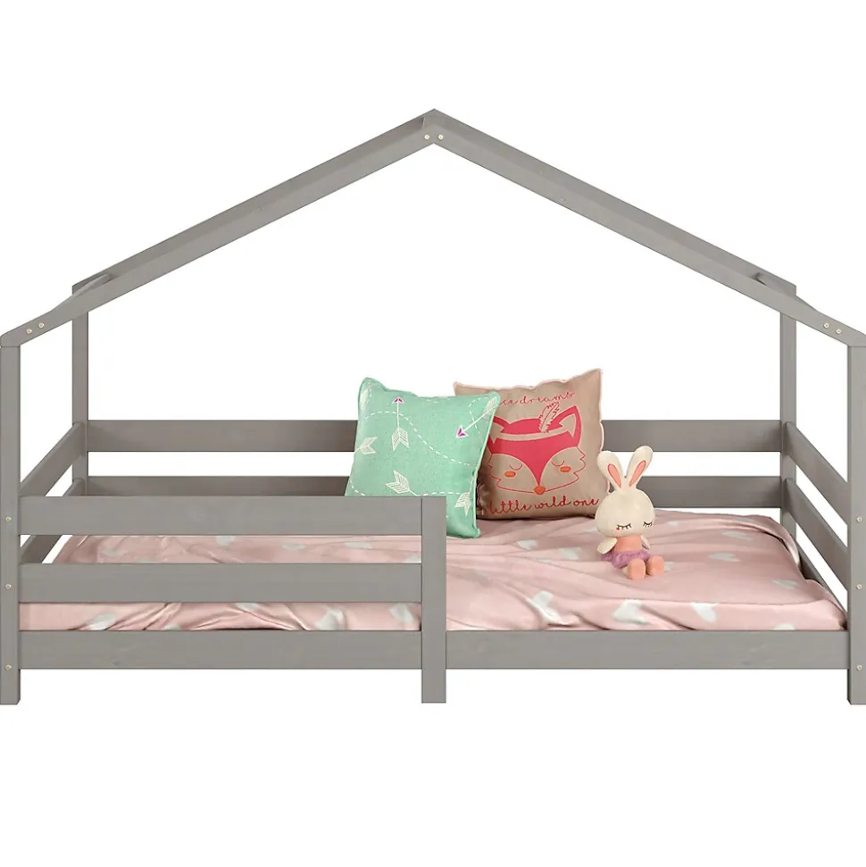 Lit cabane RENA 90 x 200 cm, en pin massif lasuré gris