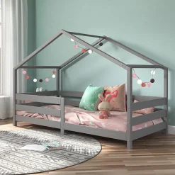 Lit cabane RENA 90 x 200 cm, en pin massif lasuré gris