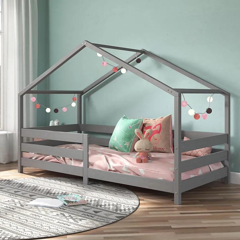 Lit cabane RENA 90 x 200 cm, en pin massif lasuré gris