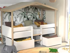 Lit cabane SAROSI avec tiroirs - 90 x 190 cm - Tilleul - Blanc et chêne + matelas