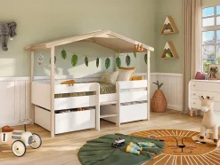 Lit cabane SAROSI avec tiroirs - 90 x 190 cm - Tilleul - Blanc et chêne + matelas